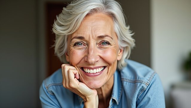 A middle-aged woman with short, gray hair is smiling warmly at the camera. She has a gentle expression and her hand rests on her chin. She is wearing a light blue denim shirt. - Powered by Adobe
