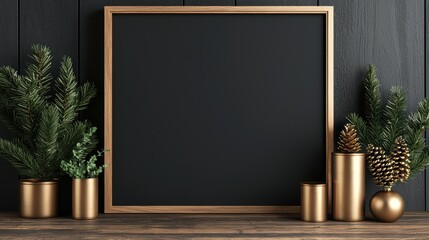 Elegant holiday decor with blank frame and gold accents