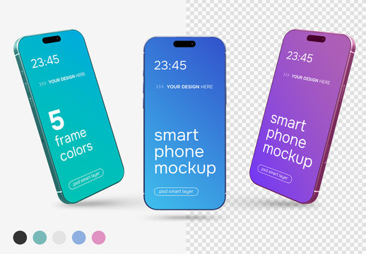 A mockup  set of three isolated smartphones in different collors