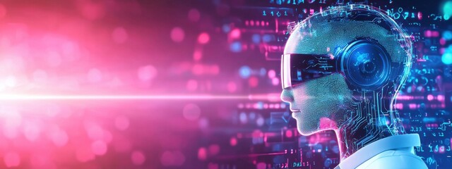 Obraz premium Futuristic Human with Virtual Reality Headset and Neon Background