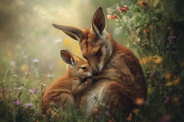 Fototapeta premium Mother Agile Wallaby nuzzling her joey protected wildlife reserve tender interaction framed native wildflowers depth of field isolates them the background making their bond the emotional focal point