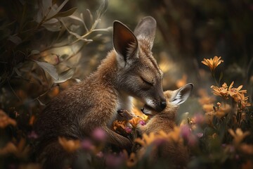 Fototapeta premium Mother Agile Wallaby nuzzling her joey protected wildlife reserve tender interaction framed native wildflowers depth of field isolates them the background making their bond the emotional focal point