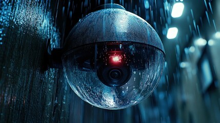 Rain-soaked dome security camera with red indicator light