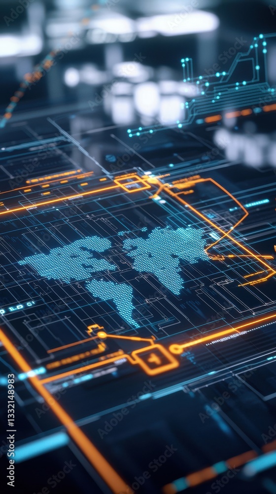 Poster digital world map with technology interface background and data lines