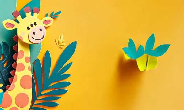 Giraffe cutout paper craft animal with tropical plants on a bright yellow vibrant background