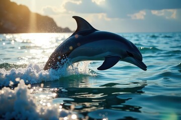Obraz premium Dolphin breaches, sunlight glints off wet skin , energy, nature photography