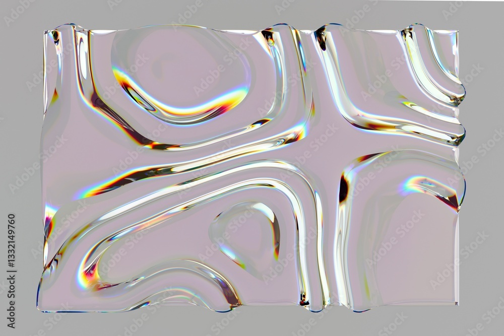 Poster abstract 3d artwork with a wavy, glass-like surface featuring iridescent, rainbow reflections. the d