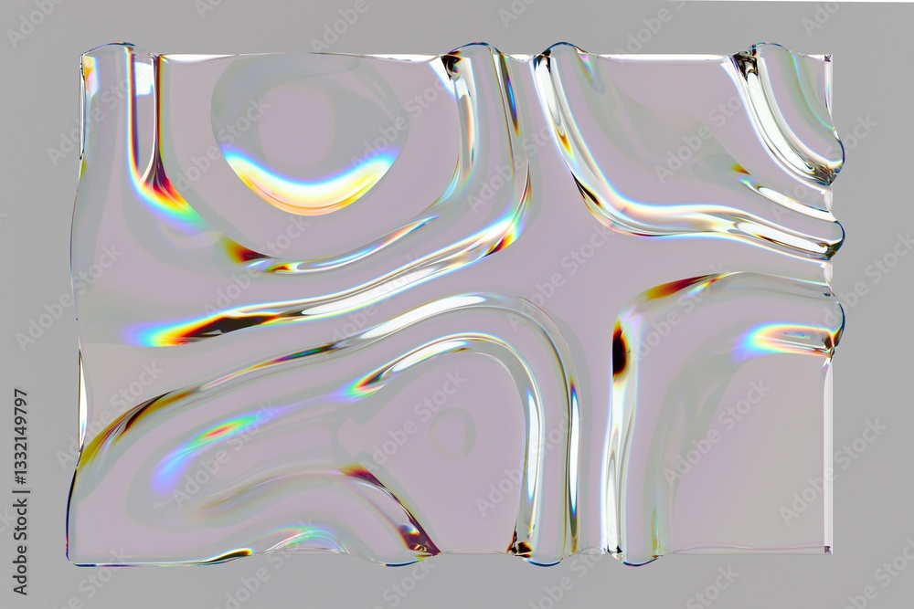 Poster Abstract 3D artwork with a wavy, glass-like surface featuring iridescent, rainbow reflections. The design resembles fluid, dynamic patterns and light refraction.
