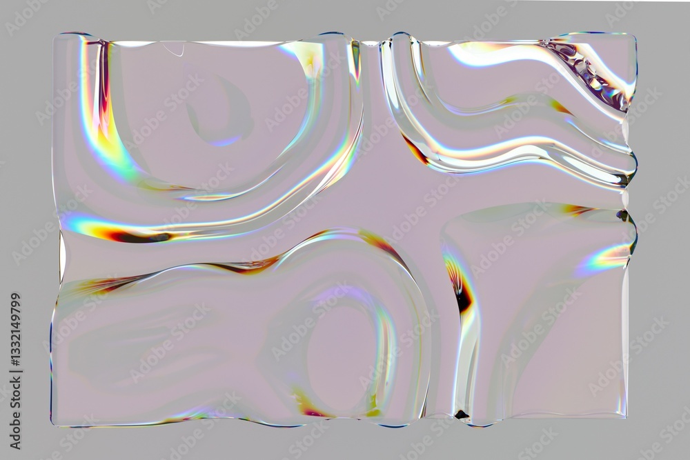Poster abstract 3d artwork with a wavy, glass-like surface featuring iridescent, rainbow reflections. the d