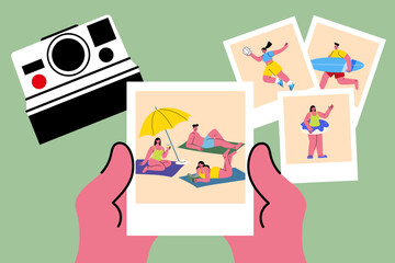 Summer vacation memories. Hands holding polaroid photos with beach scenes, friends relaxing, playing volleyball, surfing, swimming. Travel photography concept. Flat vector illustration
