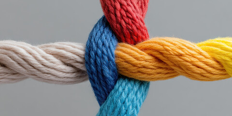 Interwoven Strands of Beige, Blue, Red, Orange, and Yellow Yarn