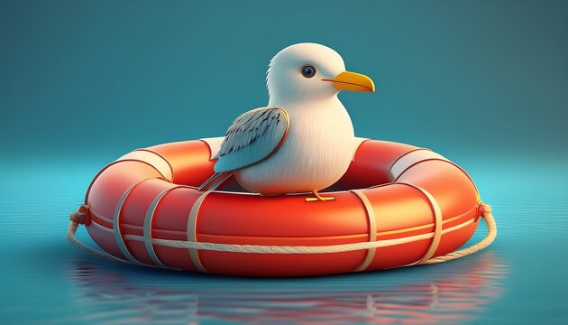 A cute, rounded 3D render of a lifebuoy with a tiny seagull perched on top, playful cartoon style with smooth pastel textures and soft lighting.