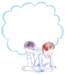 悩み事のある男女　頬杖　吹き出し