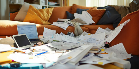 Laptop, Tablet, and Documents on a Cluttered Couch