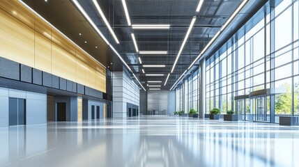 Obraz premium Spacious empty lobby with natural sunlight coming through windows for commercial property advertisement