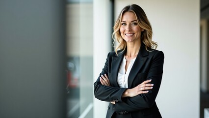 A confident businesswoman stands with her arms crossed in an office setting. She is dressed in a stylish black blazer over a white blouse, exuding professionalism and poise.