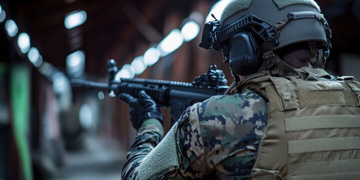 Soldier Aiming Assault Rifle in Indoor Setting