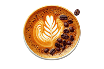 A beautifully crafted cup of latte art, featuring a leaf design and coffee beans, perfect for coffee lovers and barista enthusiasts.