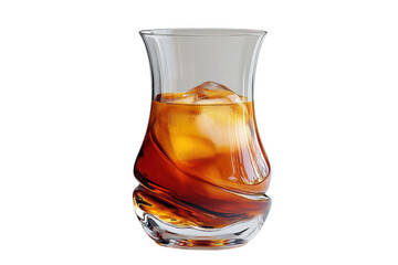 A beautifully crafted glass filled with amber liquid and ice cubes, elegantly presented on a white background.
