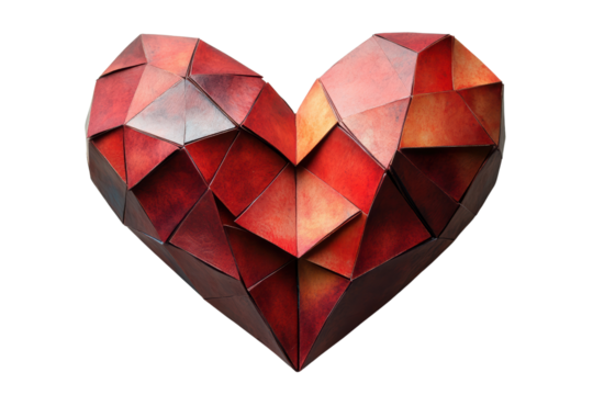 A beautifully crafted geometric heart sculpture in shades of red, symbolizing love and art, against a white background.