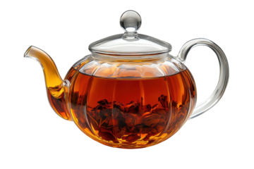 A beautifully crafted glass teapot filled with steaming tea, showcasing delicate tea leaves inside, perfect for tea lovers and collectors.