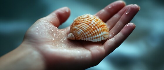 A hand holds a wet seashell, glistening with ocean water, symbolizing discovery and the wonders of the natural world.
