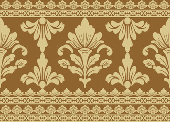 Elegant golden Damask Pattern with Ornamental Floral Border for Luxury Interior Decor
