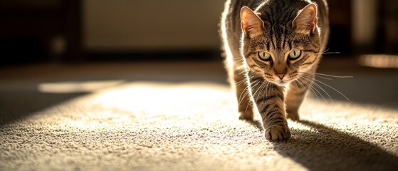 A tabby cat prowl gracefully across a sunlit carpet, its intent eyes and poised paws casting charming shadows in the warm ambience.