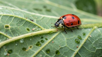 Obraz premium Ladybug with Water Droplets on Leaf