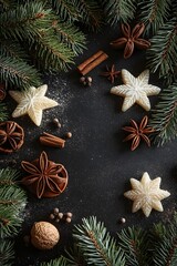 Festive Christmas Flatlay, Star Cookies, Spices, and Fir Branches