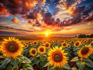 Fototapeta premium Sunsets over Sunflower Fields: Tranquil Rural Landscape Stock Photo
