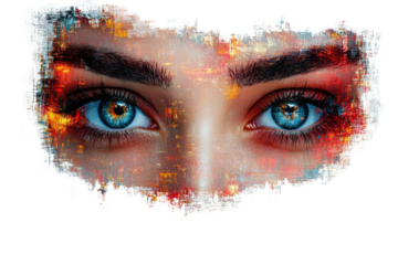 A close-up of captivating blue eyes, surrounded by an artistic blend of vibrant colors, expressing a sense of wonder and emotion.