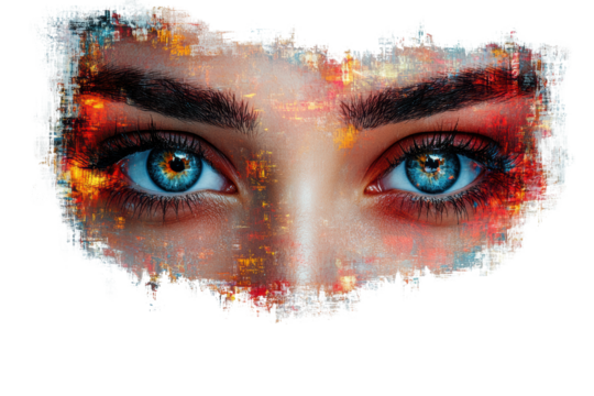 A close-up of captivating blue eyes, surrounded by an artistic blend of vibrant colors, expressing a sense of wonder and emotion.