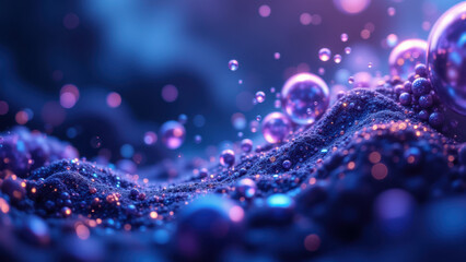 Molecular structure of a drug with bubbles and water droplets floating on its surface.