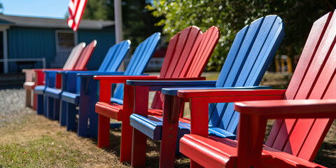 Row of Red and Blue Adirondack Chairs