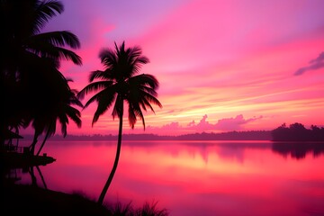 Obraz premium Vibrant pink and purple sunset over a calm lake, with silhouetted palm trees in the foreground. The sky reflects on the water, creating a serene, tranquil atmosphere