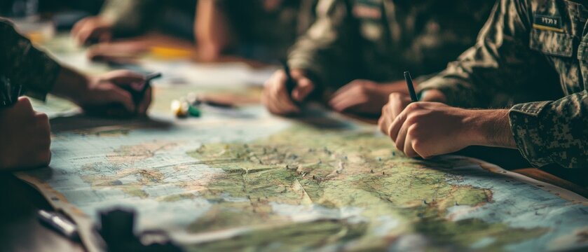 Hands hover over a map as a strategy session takes place, seen through a dimly lit atmosphere brimming with focus.