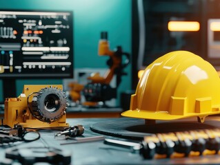 Hard hat and tools laid out in an engineering workshop with realistic depth and copy space available