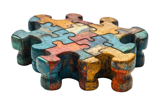 A colorful, intricately designed wooden puzzle piece, showcasing a unique pattern against a white isolated background.