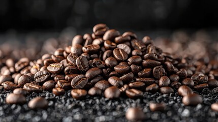 Fototapeta premium Roasted coffee beans piled on dark surface