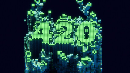 Glowing green '420' in pixelated blocks. Striking 3D render with a dark, textured background. Modern digital art for marijuana culture.