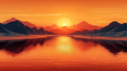 Fototapeta premium Fiery sunset over calm lake, mountain range backdrop; serene nature scene, ideal for travel or meditation