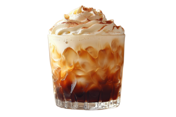 A delightful beverage featuring layers of dark coffee and creamy whipped topping, presented in a glass. Ideal for coffee lovers and dessert enthusiasts.