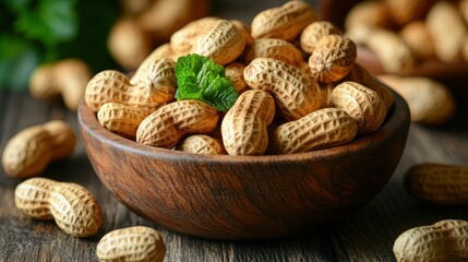 Roasted peanuts in a wooden bowl, garnished with mint