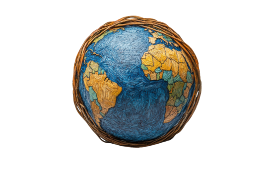 A handcrafted globe showcasing detailed continents, oceans, and textures, emphasizing global awareness and sustainability on a white isolated background.
