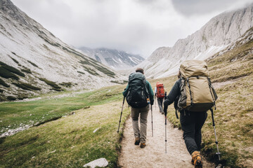 Adventure trekking in stunning mountain valley: hikers explore rugged terrain
