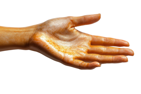 A human hand with visible paint or color, extended forward against a white isolated background, symbolizing creativity and expression.