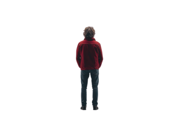 A person standing with their back turned, wearing a red jacket, isolated on a white background.