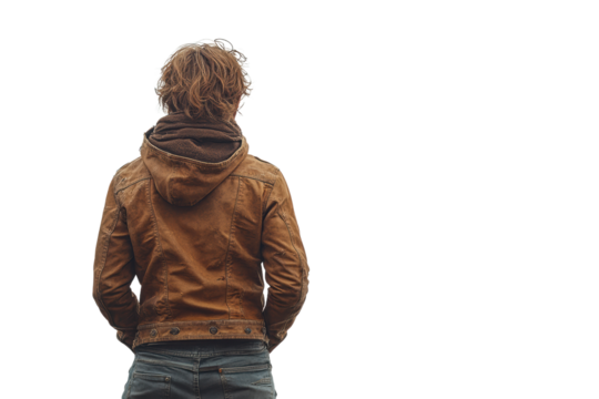 A person standing with their back to the camera, wearing a brown jacket and jeans, set against a white isolated background.