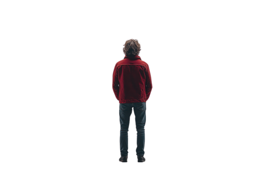 A person standing with their back turned, wearing a red jacket, isolated on a white background.